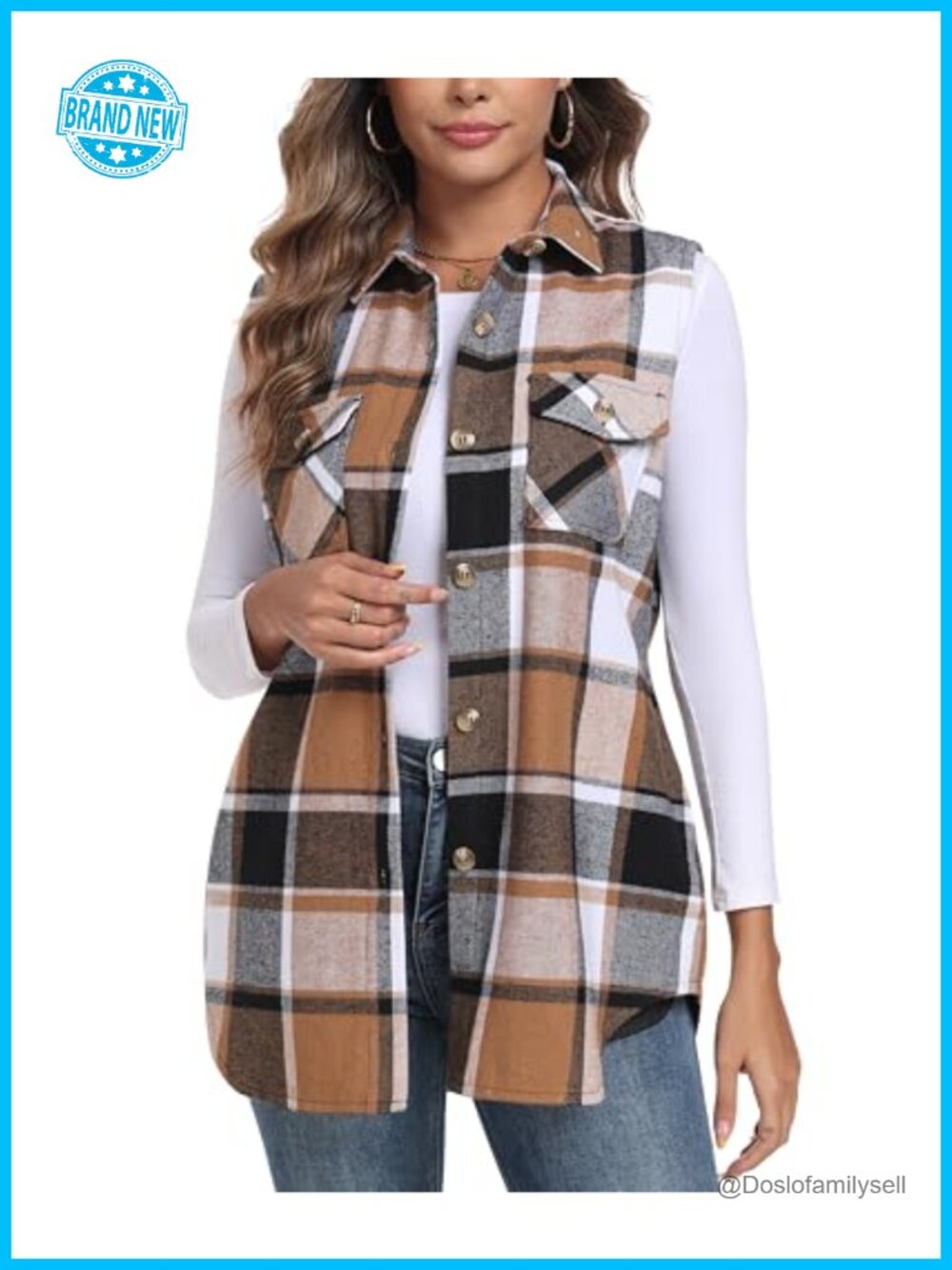 Womens Flannel Plaid Long Vest Sleeveless Shacket with Pockets